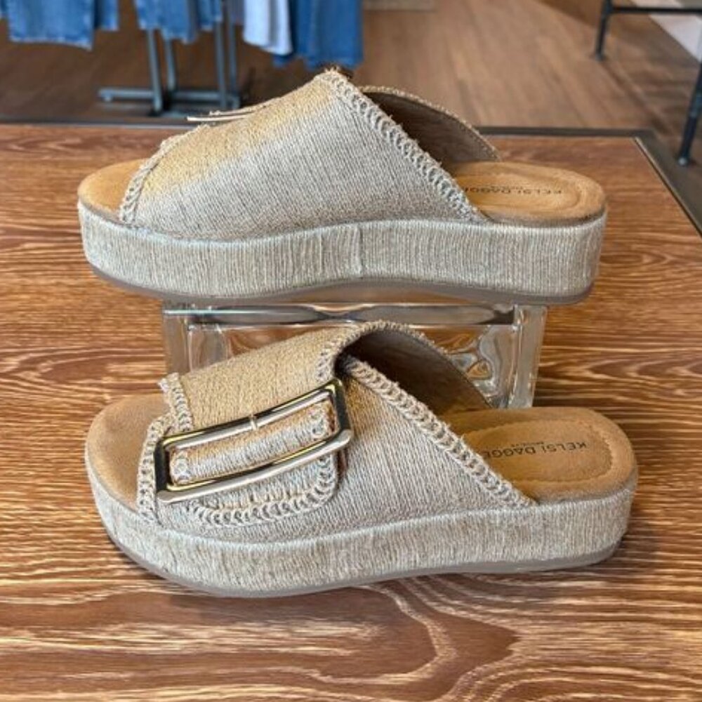 Kelsi Dagger Beige Woven Platform Slide Sandals with Gold Buckle - Picture 4 of 4